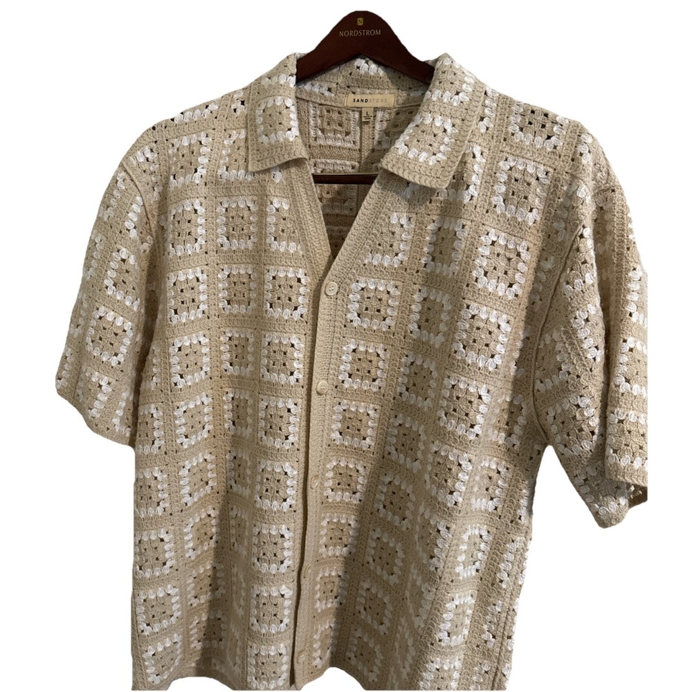 Sandstone Mens Crochet Button Open Knit Festival Sweater Tan & white Large - Picture 4 of 5